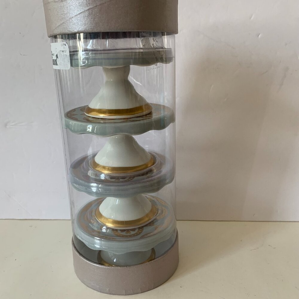 GRACE TEAWARE PORCELAIN CUPCAKE STANDS – SET OF 4 – GRAY WITH GOLD DESIGN